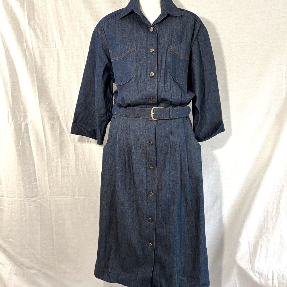 Vintage 80s Gilli of California Denim Shirt Dress 12 Belted USA